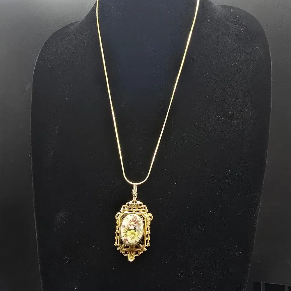 Vintage Floral Pendant Necklace Ornate Gold Tone Costume Jewelry